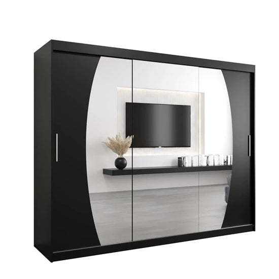 Black 250cm wardrobe with 3 sliding doors, featuring mirrored panels and an integrated TV unit.