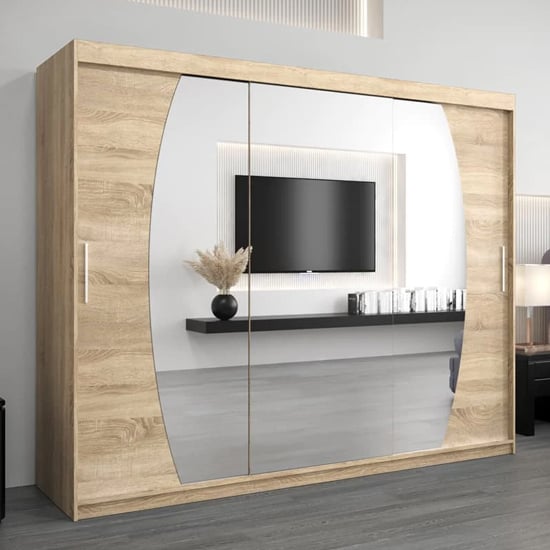 Eden 250cm 3-door sliding wardrobe with mirrored front panels in Sonoma Oak finish.