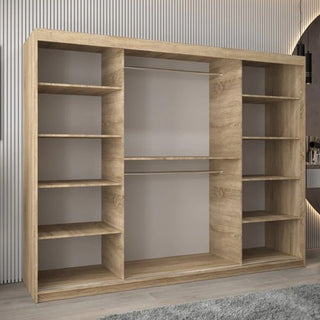 The Eden Mirrored Wardrobe 3 Sliding Doors 250cm in Sonoma Oak features multiple side shelves, a central open space with a hanging rod, and is shown against a vertically paneled wall on a carpeted floor.