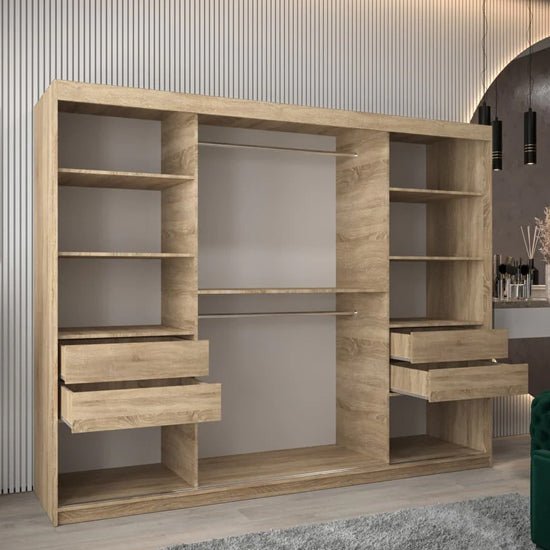 Sonoma Oak 3 sliding door wardrobe with open shelves and visible drawers