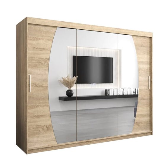 Eden 250cm 3 sliding door mirrored wardrobe in Sonoma Oak finish.