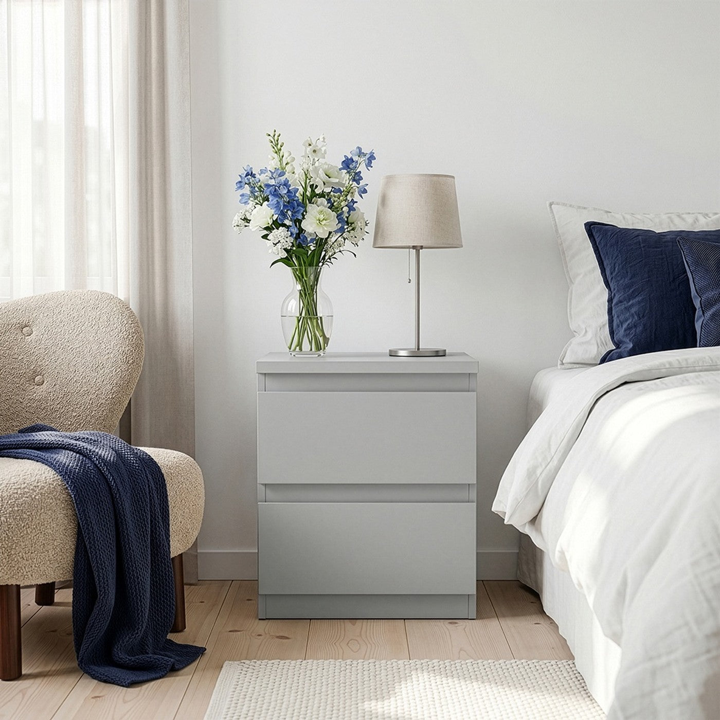 Edmore 49.3cm 2-Drawer Bedside Table – Light Grey – image 1