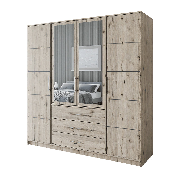 Barnsley 196cm Tall 4-Door Mirrored Hinged Wardrobe with 3 Drawers in Oak Wellington