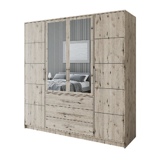 Barnsley 196cm Tall 4-Door Mirrored Hinged Wardrobe with 3 Drawers in Oak Wellington