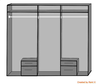 Diagram showing interior shelves, drawers and hanging rails of the Flock white wardrobe, ideal for practical UK bedroom storage.