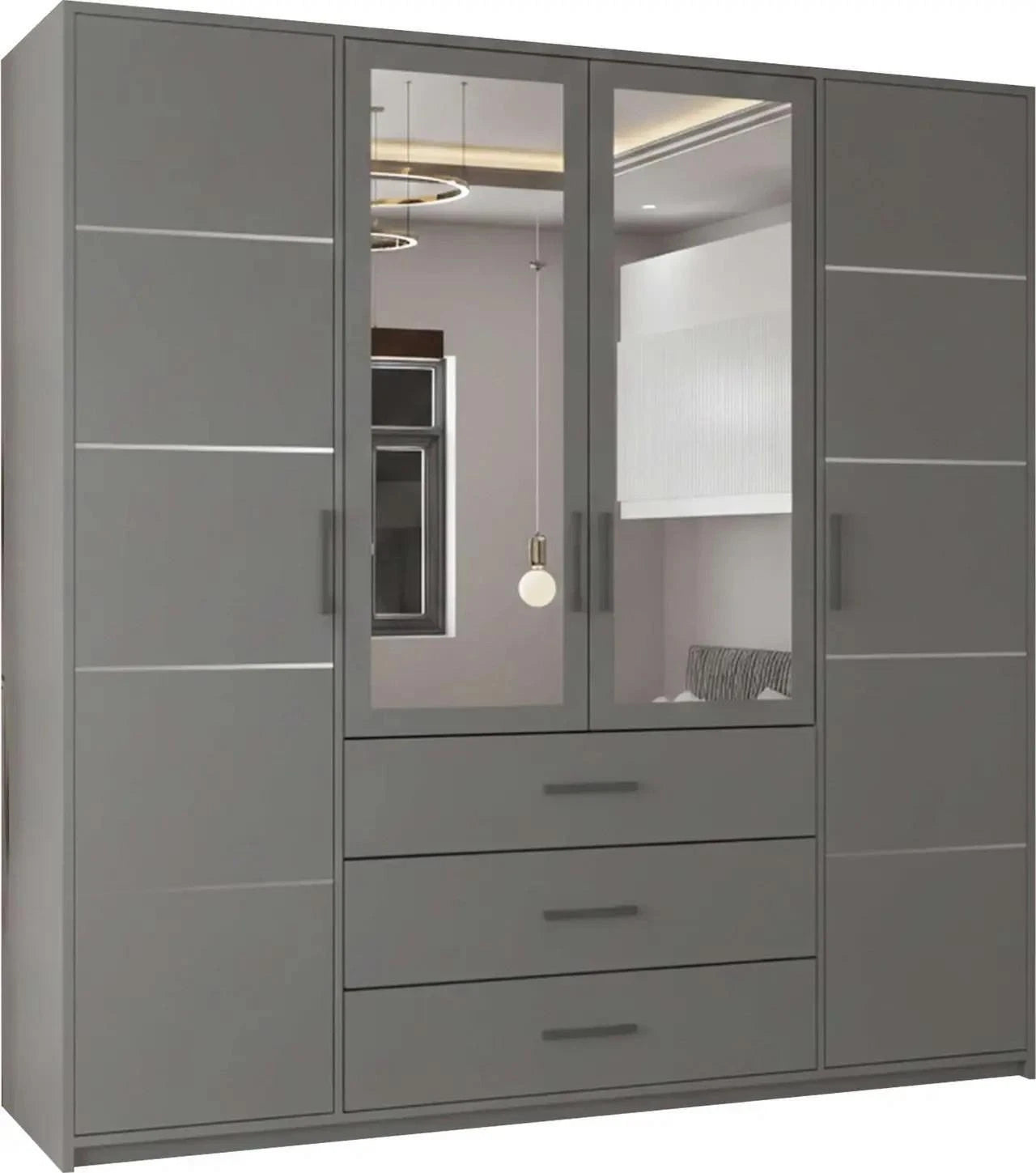 Grey four-door wardrobe with mirrored central doors and three visible drawers
