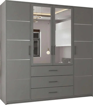 Grey four-door wardrobe with mirrored central doors and three visible drawers