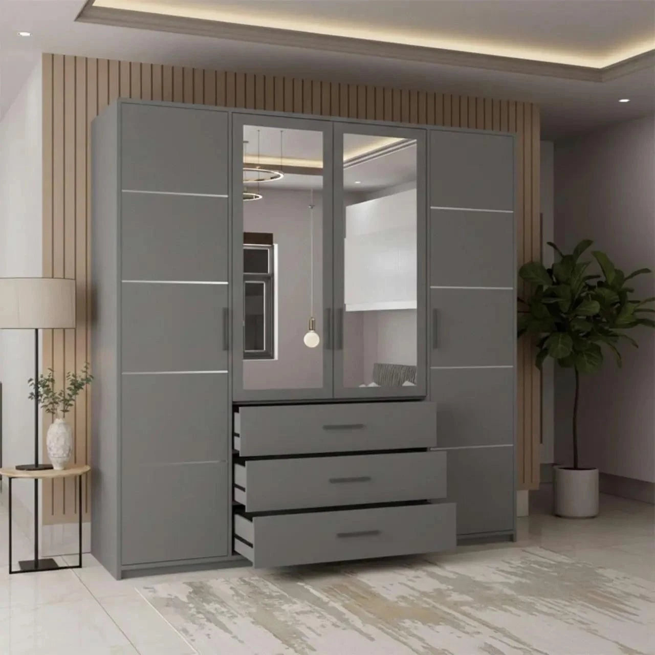 CHOICEWARDROBE SAVELLA 200 grey four-door mirrored wardrobe with three drawers