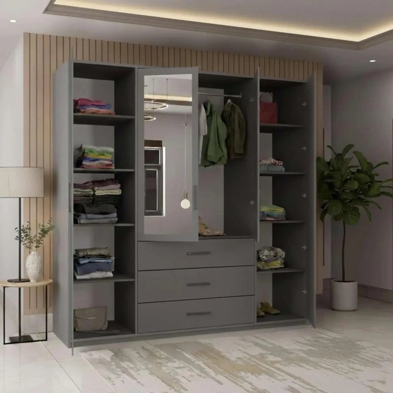 Grey 4 door mirrored wardrobe with 3 drawers, modern bedroom storage