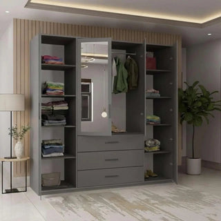 Grey 4 door mirrored wardrobe with 3 drawers, modern bedroom storage