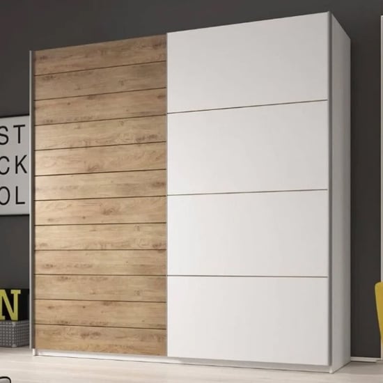 Gitega Wooden Wardrobe 220cm: one sliding door wood-grain effect, one matt white, 2 sliding doors.