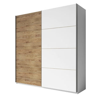 The Gitega Wooden Wardrobe features two sliding doors—one in natural wood finish and the other in matt white with subtle horizontal lines—offering a simple, modern rectangular design. Size: 270cm.