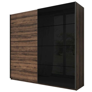 The Glens Wooden Wardrobe 200cm features two sliding doors in Monastery Oak—a wood grain finish on the left and a glossy black right door reflecting a window and outdoor scenery.