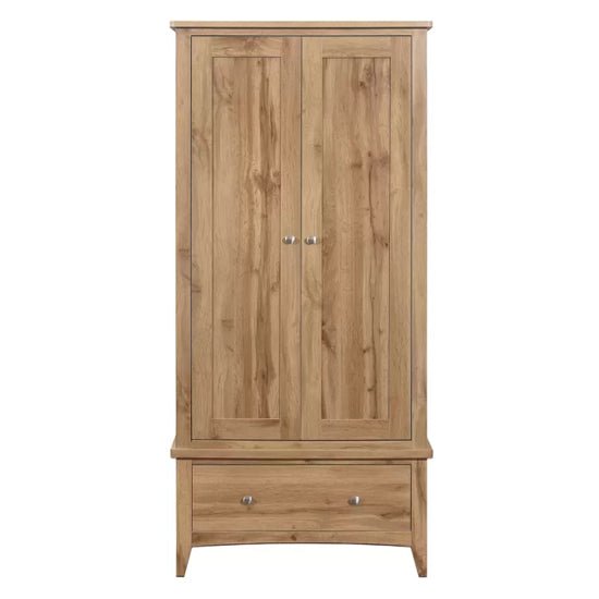 Hebron wooden wardrobe with oak finish, two doors, and one drawer, silver handles, UK