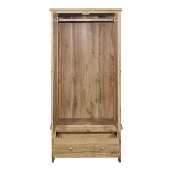 Oak finish wooden wardrobe with 2 doors, hanging rail and 2-handle drawer