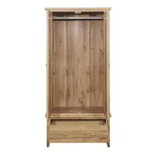 The Hebron Wooden Wardrobe With 2 Doors 1 Drawer In Oak offers a hanging rod, open storage, and a bottom drawer with two metal handles. Its natural oak finish brings stylish and practical storage to your bedroom.
