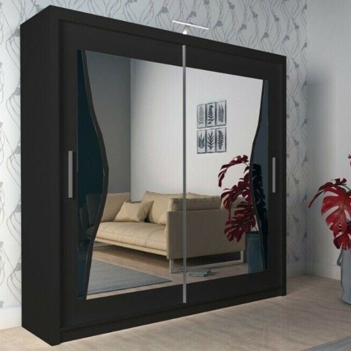 CHOICEWARDROBE 120cm black high gloss sliding wardrobe with mirrored doors and wavy accents.