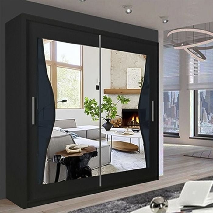 CHOICEWARDROBE Heffner 120cm black high gloss sliding door wardrobe with mirrored doors reflecting a modern interior.