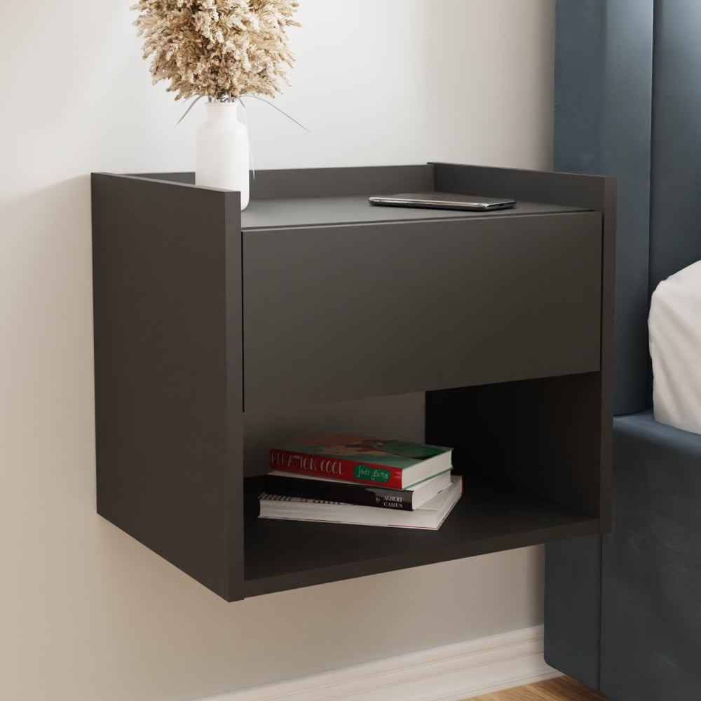 HEVER wall-hung anthracite wooden bedside cabinet with drawer and open shelf.