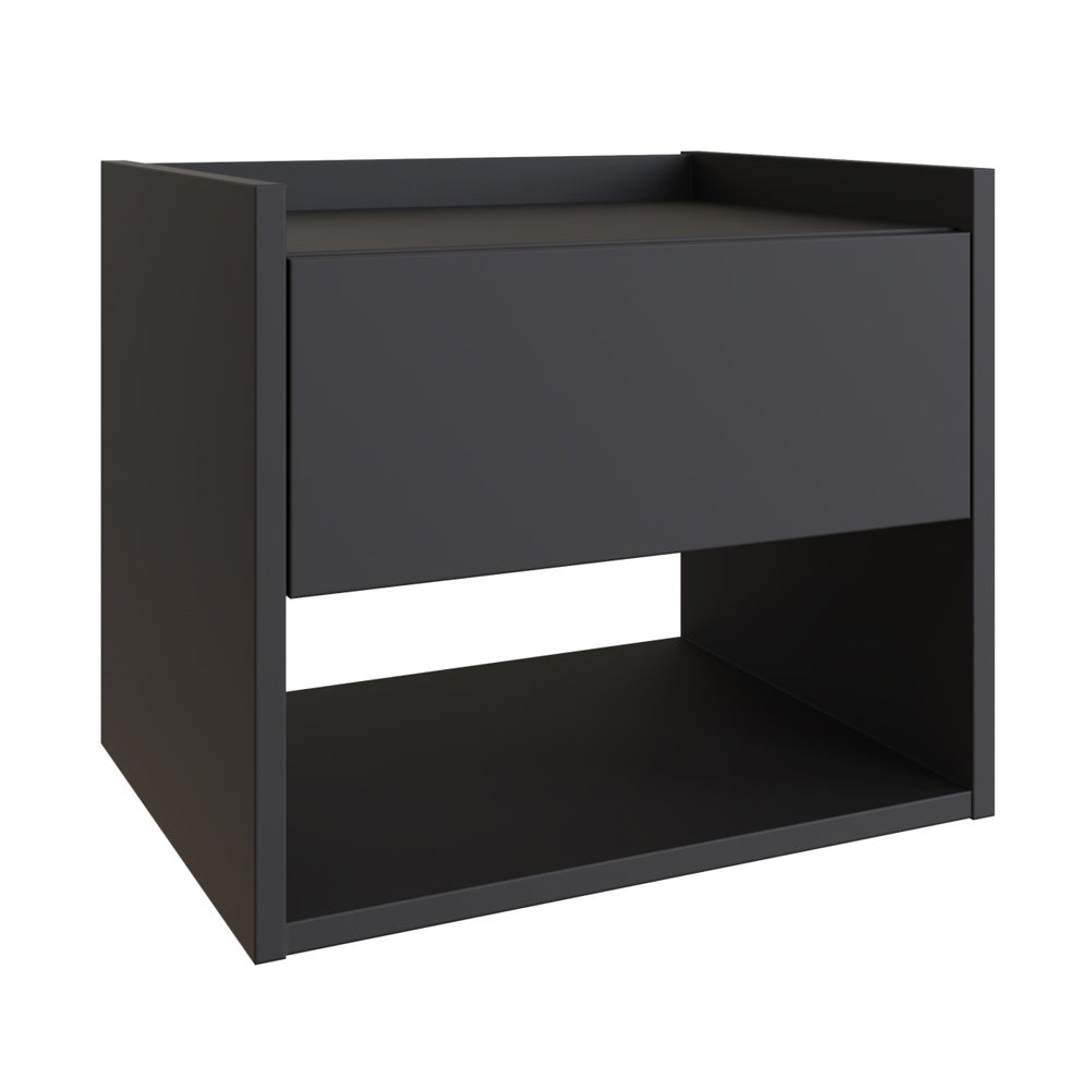 Hever wall-hung anthracite wooden bedside cabinet with single drawer and open shelf, sold as a pair.