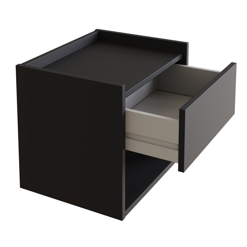 Hever wall-hung anthracite wooden bedside cabinets in pair with single drawer and open shelf.