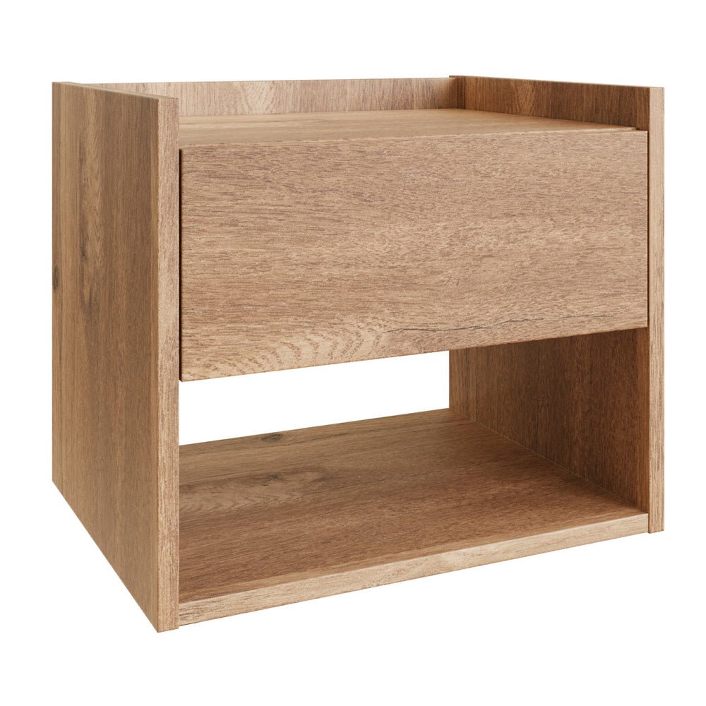 Oak effect wall-hung bedside cabinet with drawer and open shelf