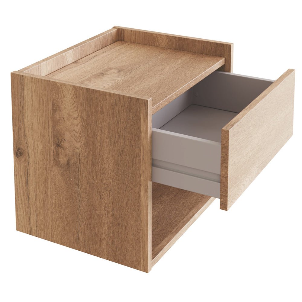 HEVER wall-hung oak bedside cabinet with grey drawer and open shelf