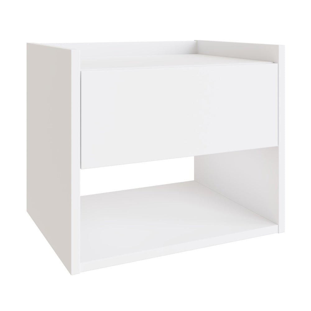 Wall-hung white wooden bedside cabinet with a drawer and open shelf