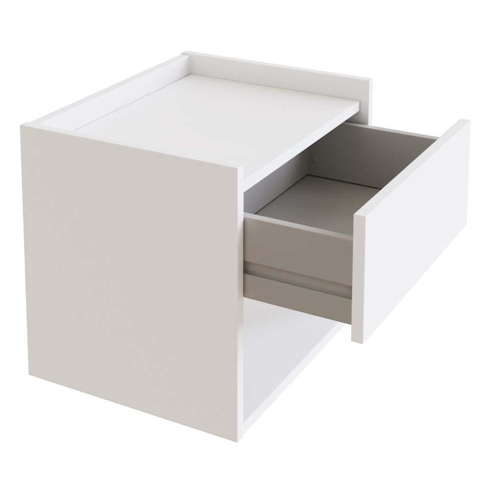 White wooden wall-hung bedside cabinet with single drawer and open shelf