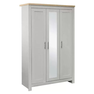CHOICEWARDROBE Highland 3 Door Wardrobe – Grey with Oak Top & Mirror | 112cm Wide Bedroom Storage