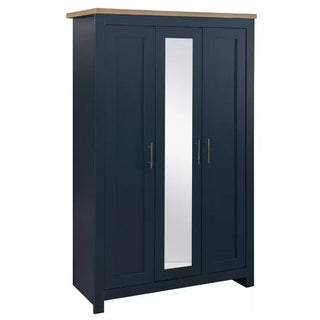 CHOICEWARDROBE Highland 3 Door Wardrobe – Navy Blue with Oak Top & Mirror | 112cm Wide Bedroom Storage