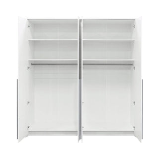 White 4-door hinged wardrobe interior with shelves and hanging rails