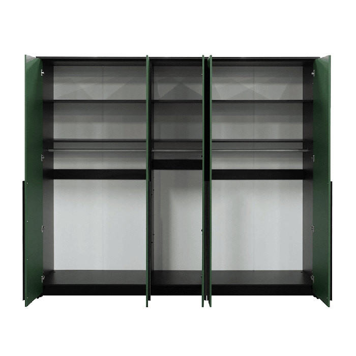 Green five door hinged wardrobe with internal shelves and hanging rails