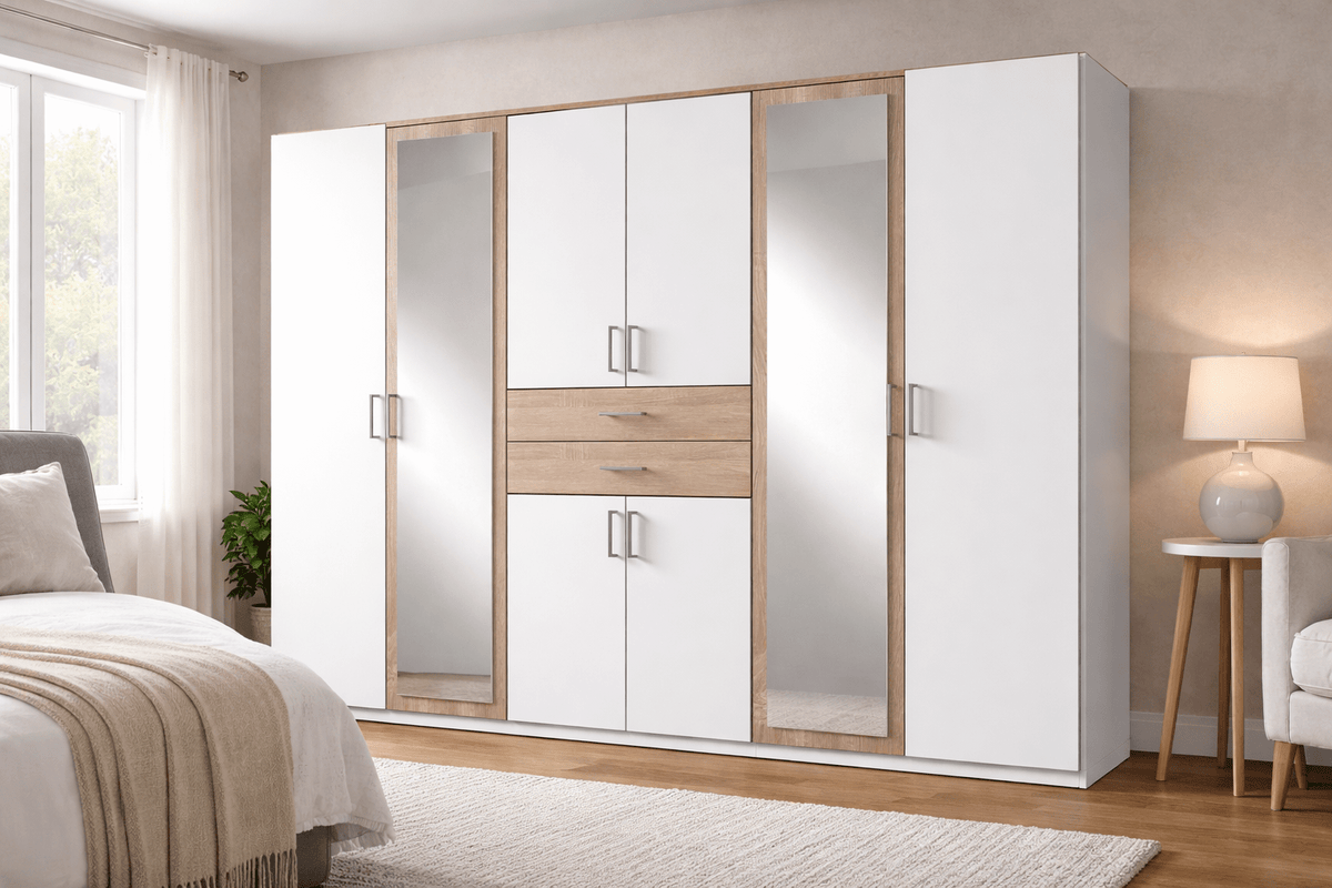 Dakar 270cm 6-Door 3-Drawer Mirrored Hinged Wardrobe in White & Oak