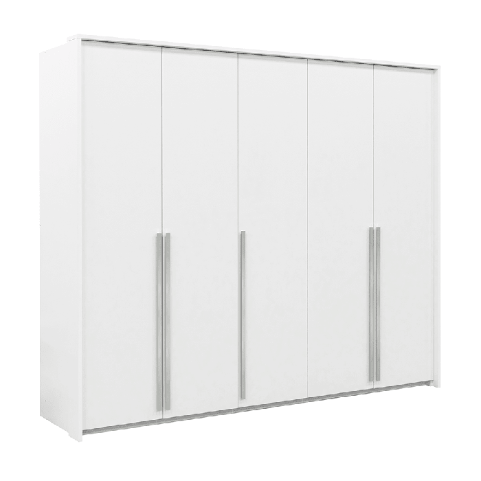 White 5 door hinged wardrobe with long silver handles