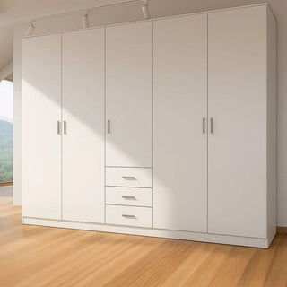 White 200cm 5 door hinged wardrobe with 3 drawers and silver handles.