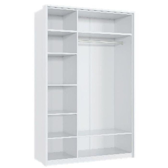 Open white wardrobe interior with shelves and hanging rail