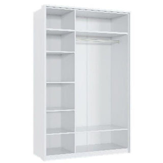 Open white wardrobe interior with shelves and hanging rail