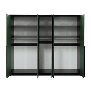 ALVERO 255cm 5 door hinged wardrobe in green with black frame, doors open.