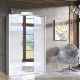 White gloss 3-door wardrobe with a mirrored door