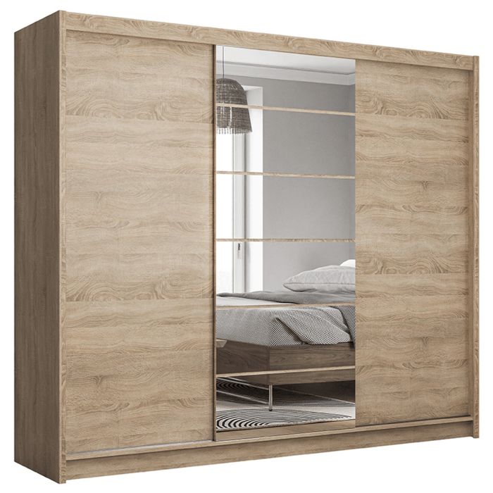 Rotherham 250cm 3-Door Mirrored Sliding Wardrobe in Light Wood