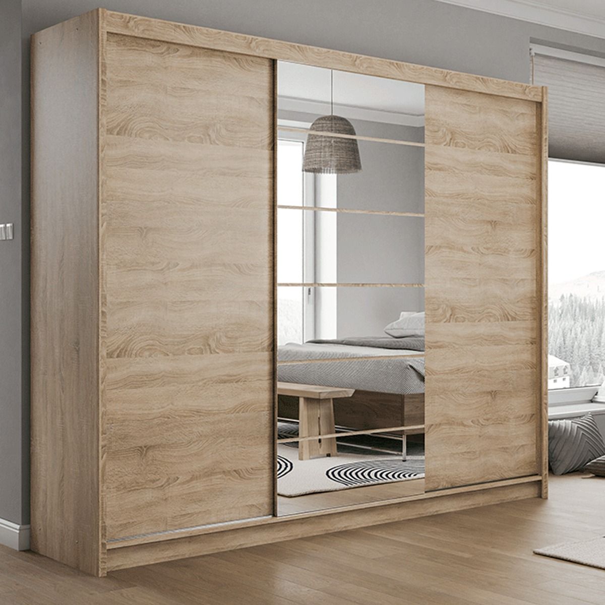Rotherham 250cm 3-Door Mirrored Sliding Wardrobe in Light Wood – product detail