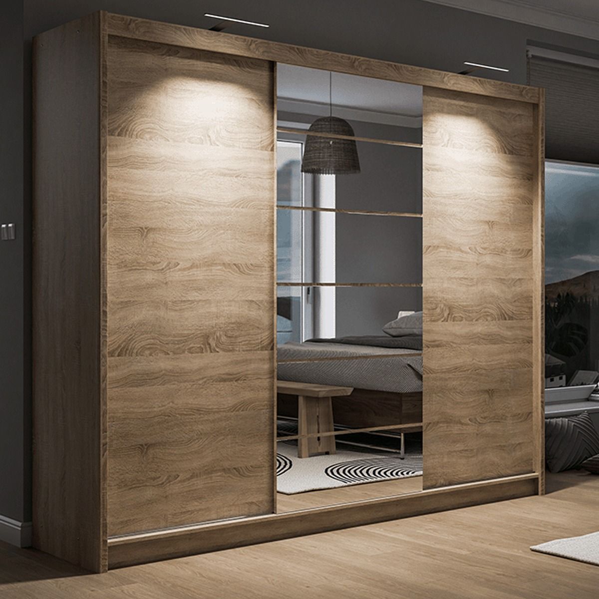 Rotherham 250cm 3-Door Mirrored Sliding Wardrobe in Light Wood – product detail