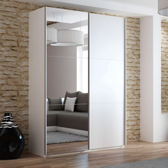 Boris 151cm 2-Door Mirrored Sliding Wardrobe in White