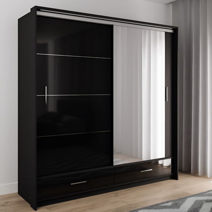 Warrington 208cm 2-Door Mirrored Sliding Wardrobe with 2 Drawers in Black