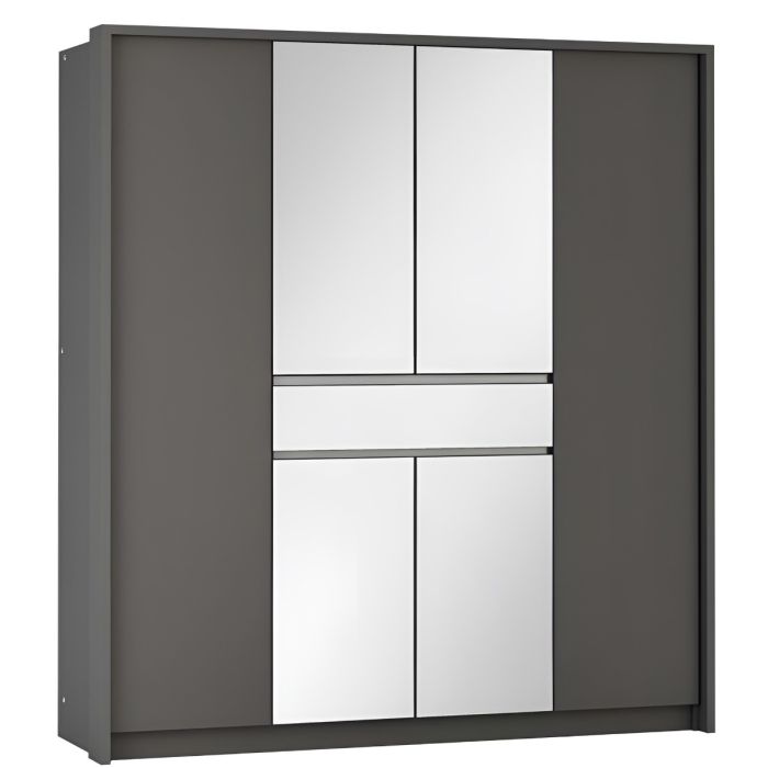 Waverley 200cm 6-Door Mirrored Hinged Wardrobe with 1 Drawer in Grey