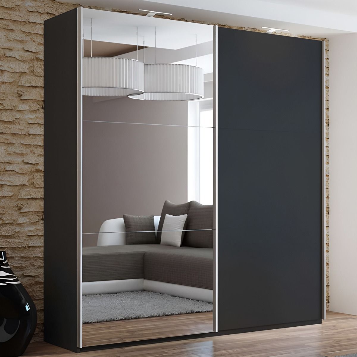 Boris 200cm 2-Door Mirrored Sliding Wardrobe in Black – product detail