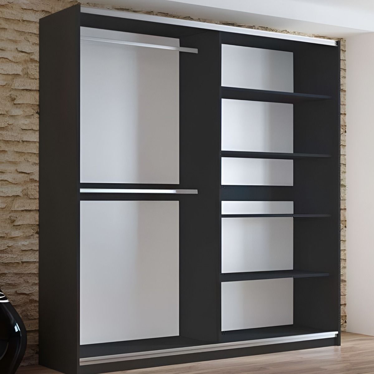 Boris 200cm 2-Door Mirrored Sliding Wardrobe in Black – product detail