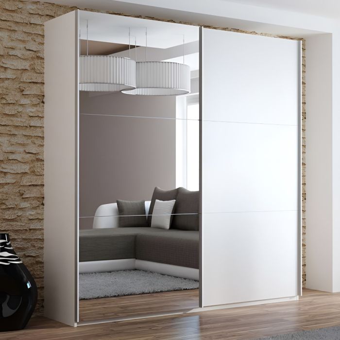 Boris 200cm 2-Door Mirrored Sliding Wardrobe in White