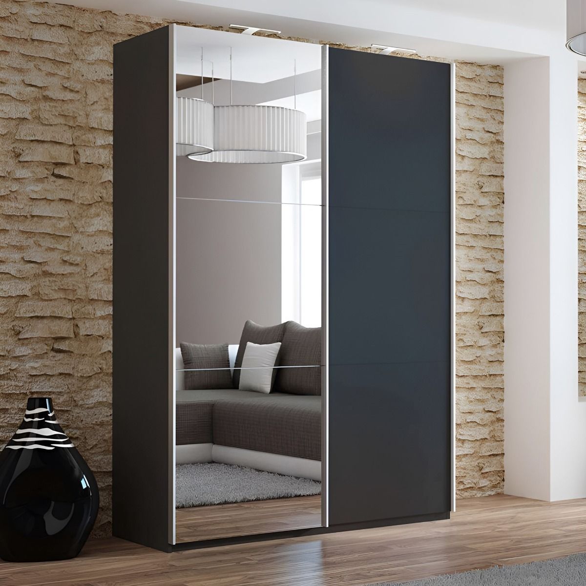 Boris 151cm 2-Door Mirrored Sliding Wardrobe in Black – product detail